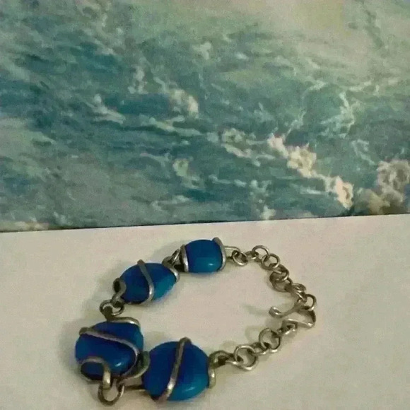 Sterling Silver Vintage 80s Italian Blue Glass Bracelet - Picture 3 of 15